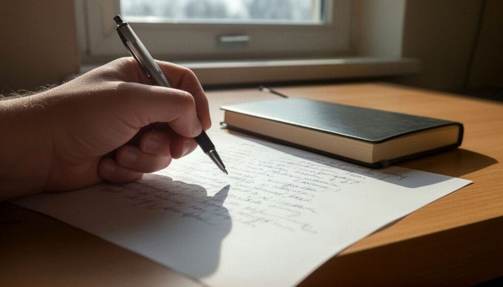 Ręka zapisująca odręcznie hasła na kartce obok zamkniętego podręcznika
