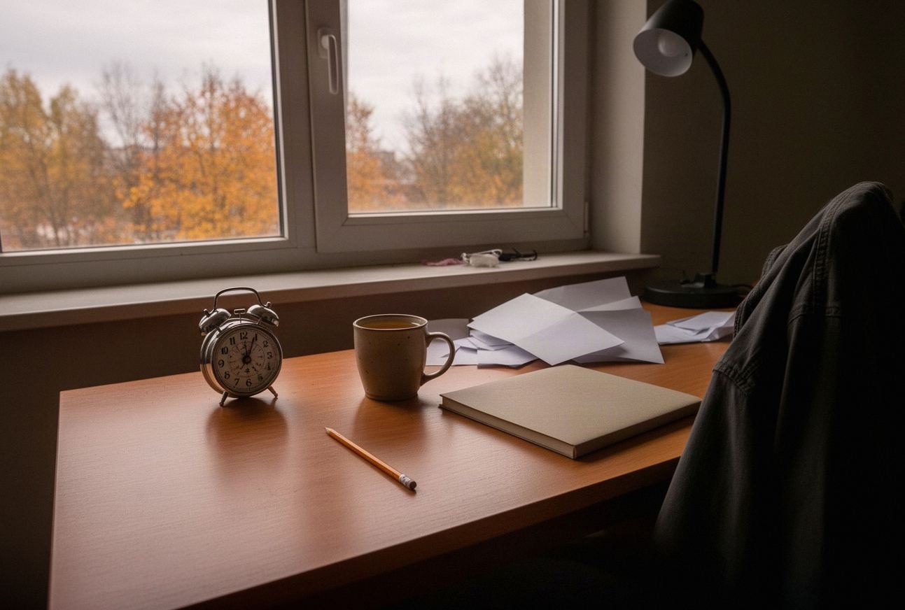 Biurko maturzysty przy oknie z minutnikiem, kubkiem herbaty i zeszytem w jesiennym świetle