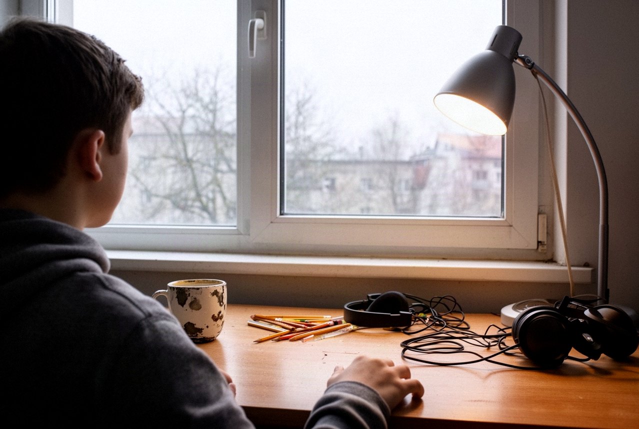 Uczeń przy biurku pod oknem w pochmurne popołudnie, w trakcie nauki do matury